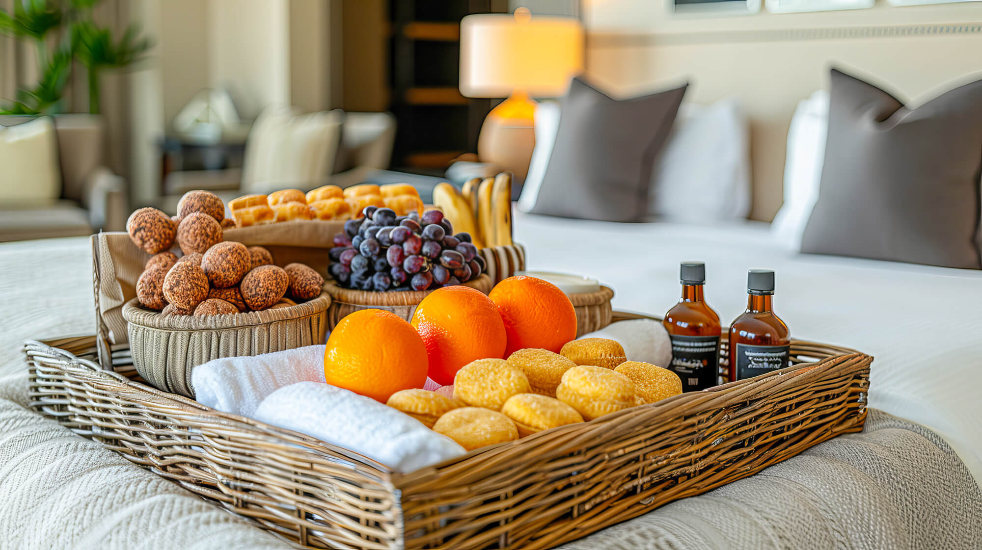 Hotel gift basket, with oranges, wine, grapes, muffins