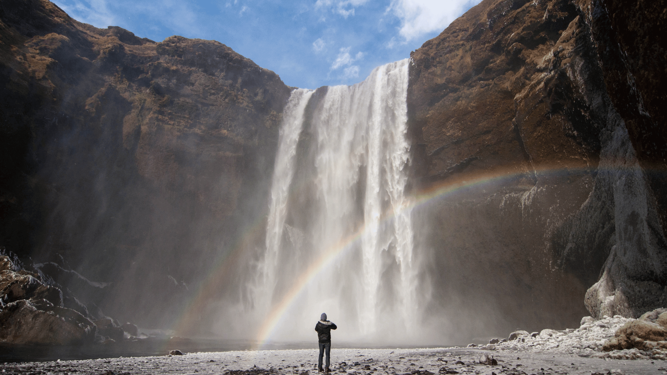 Man in front of a waterfall in Iceland