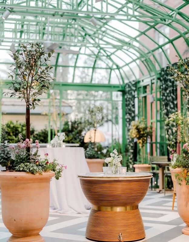 a room with a table and potted plants