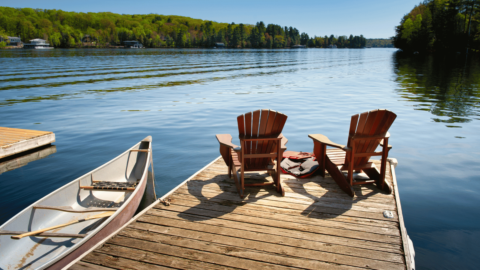 Muskoka Canada Lake with chairs on dock