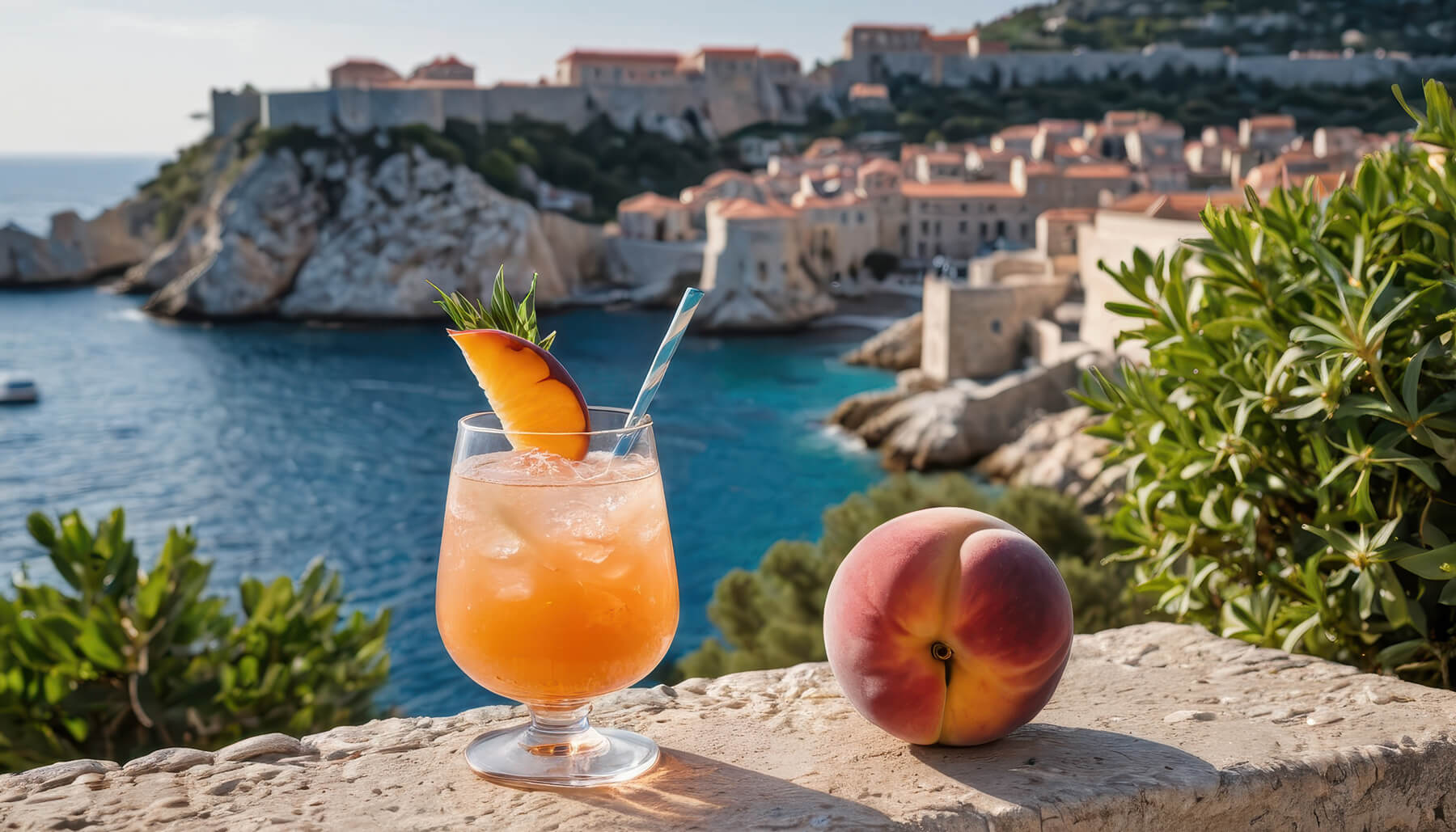 Peach sangria on a balcony in Croatia overlooking the water