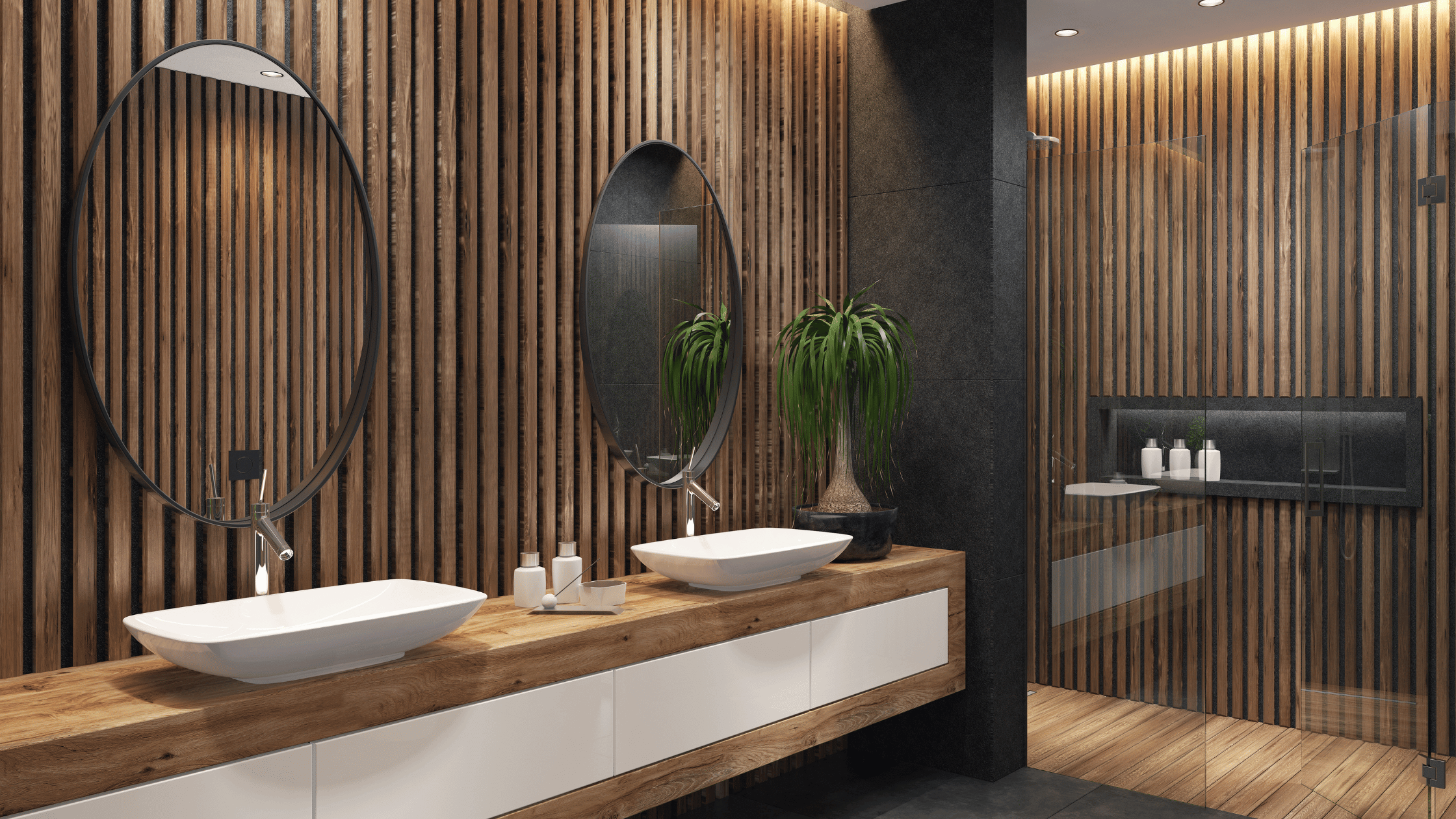 a bathroom with a wood paneled wall and two sinks