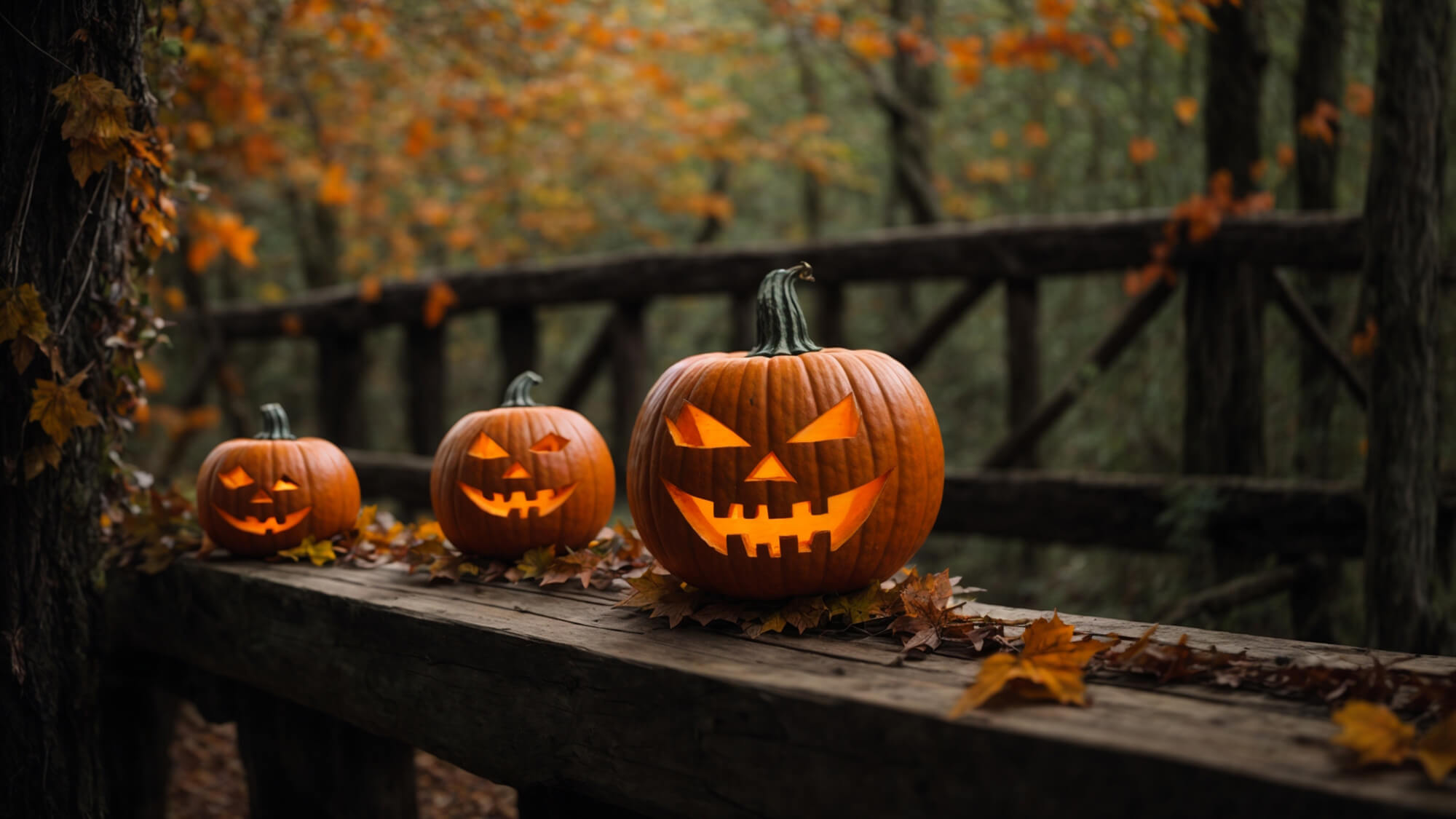 jack-o-lanterns on porch railing