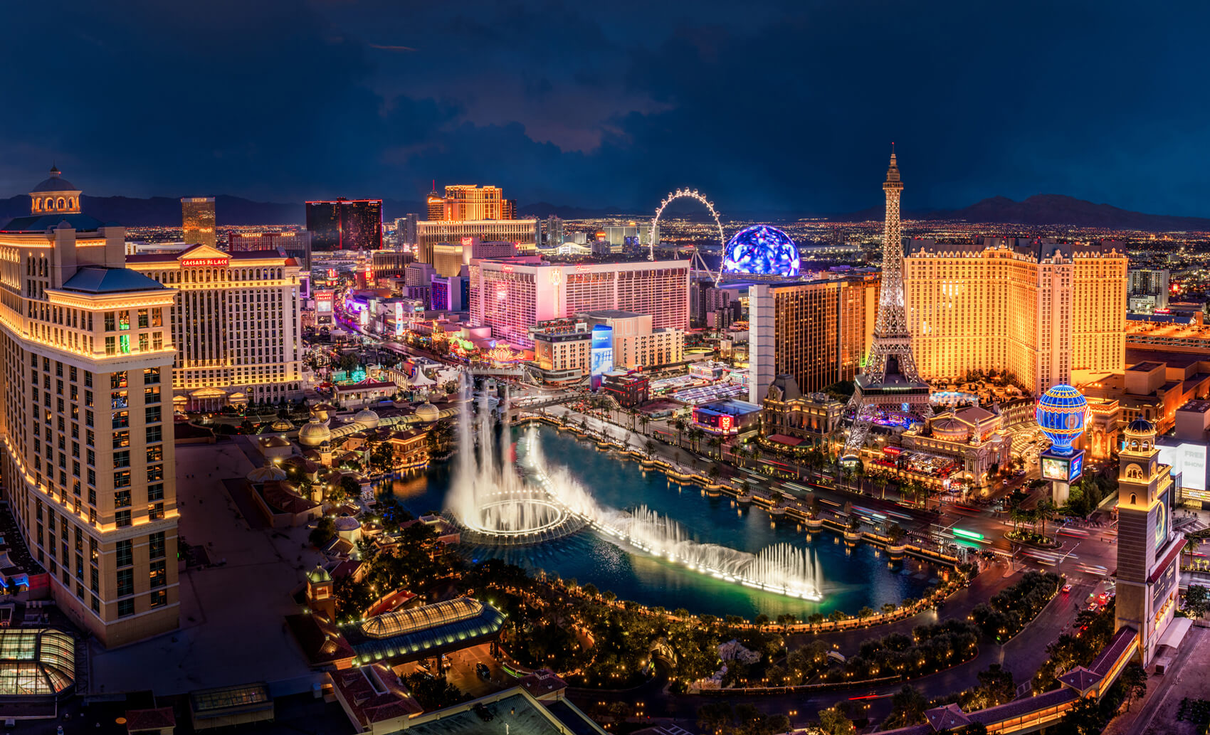 Las Vegas skyline aerial shot at night