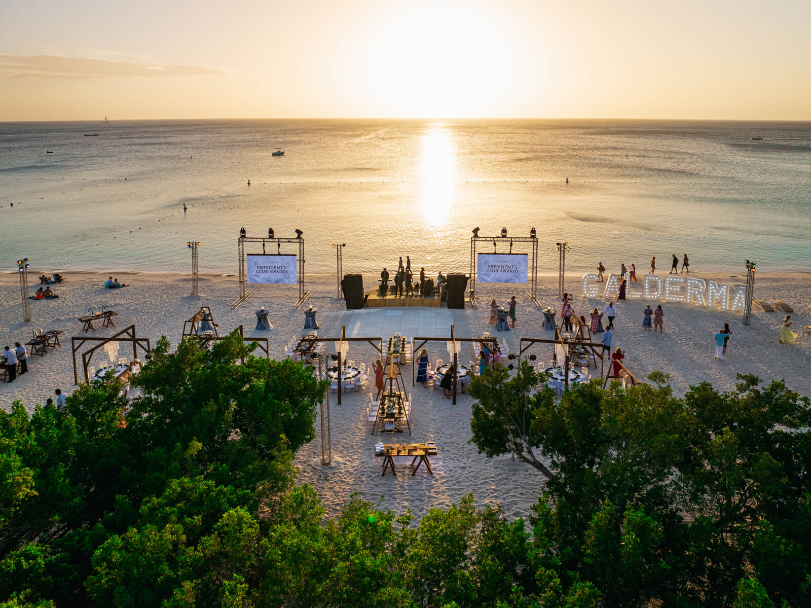 Beach set up with ocean behind and sunset