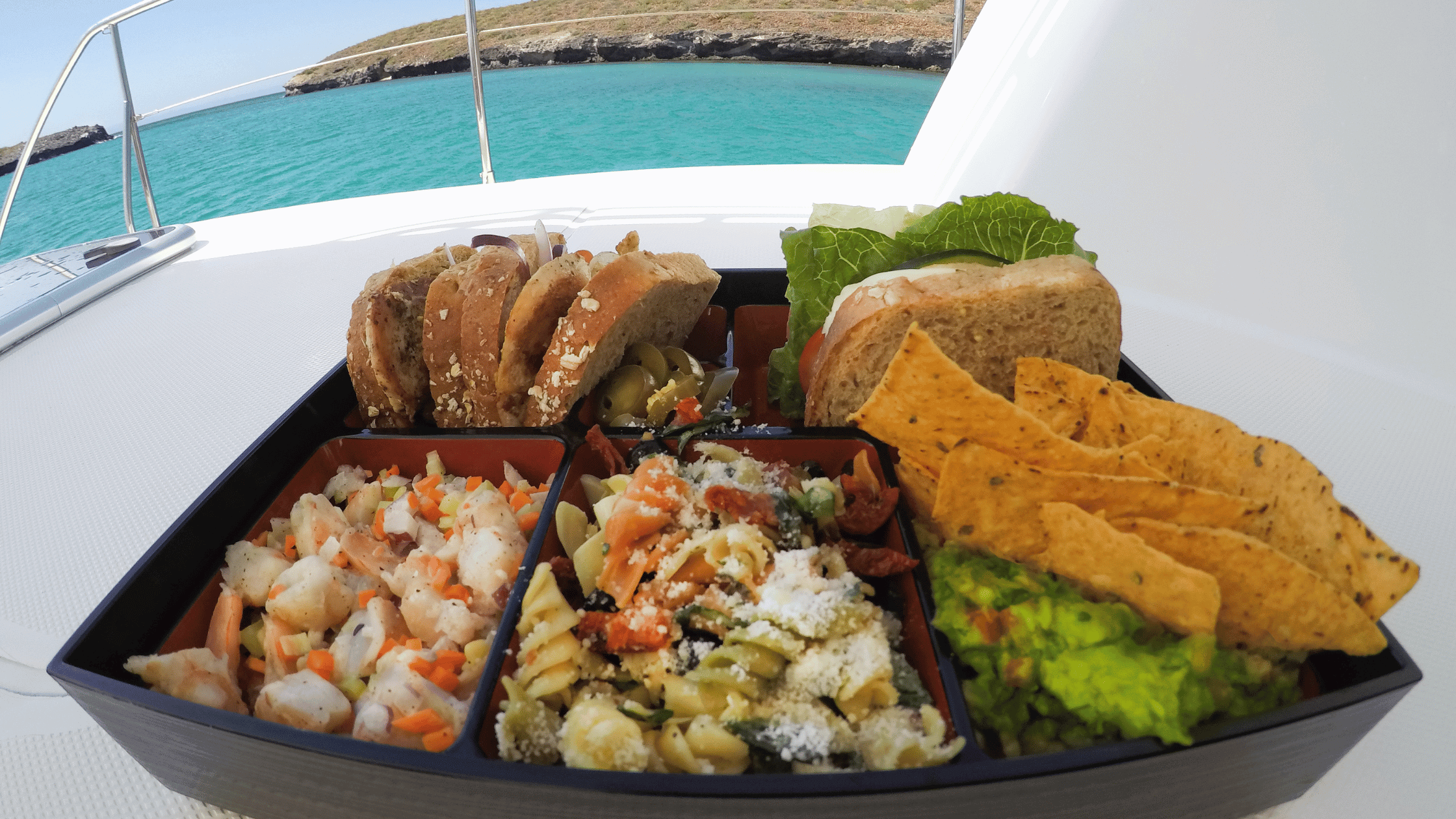 Seafood buffet on a boat in the water, plate of fresh seafood