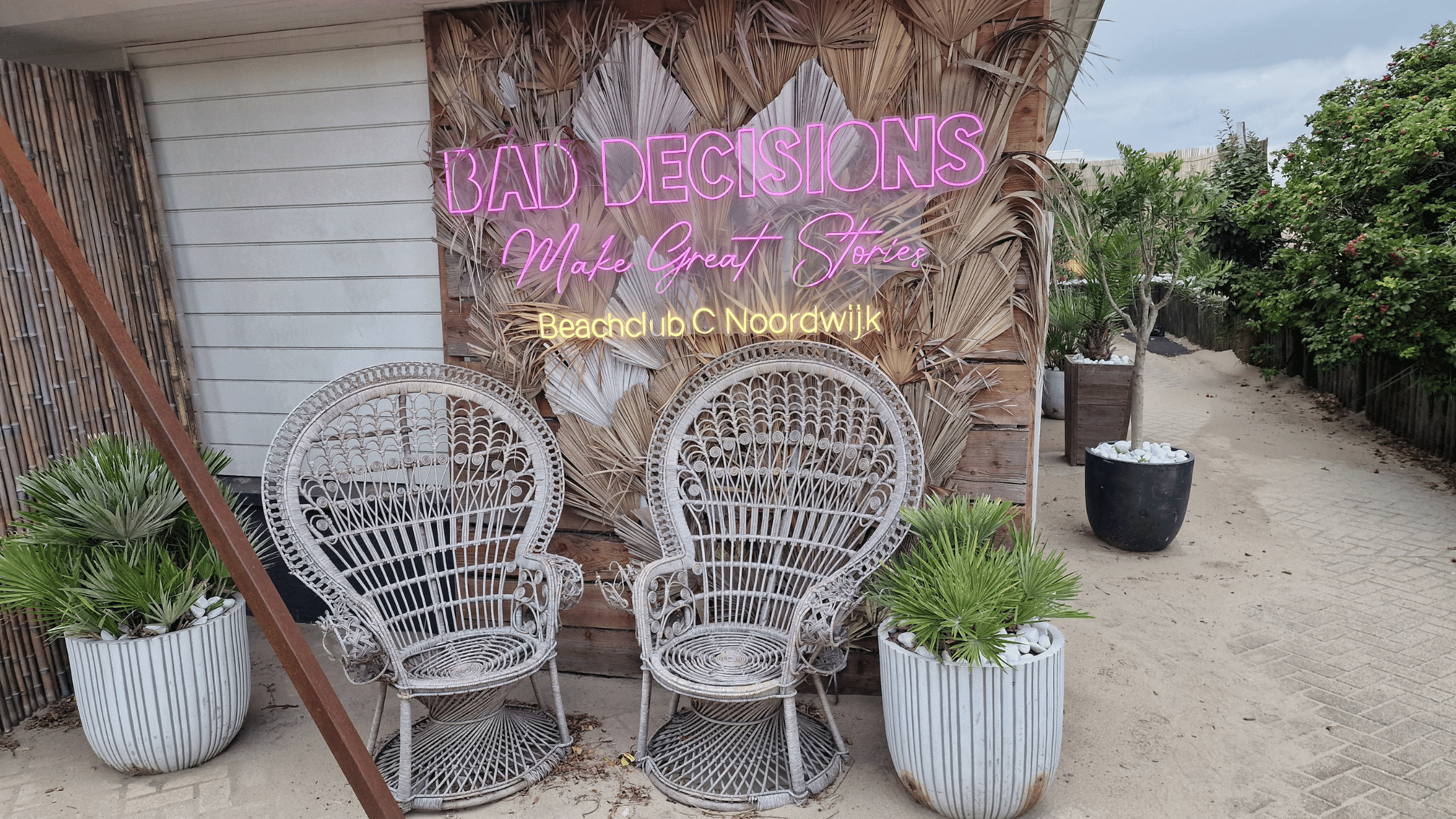 Beach bungalow outdoor set up with rattan chairs, neon signs, plants, and palm Frans back ground