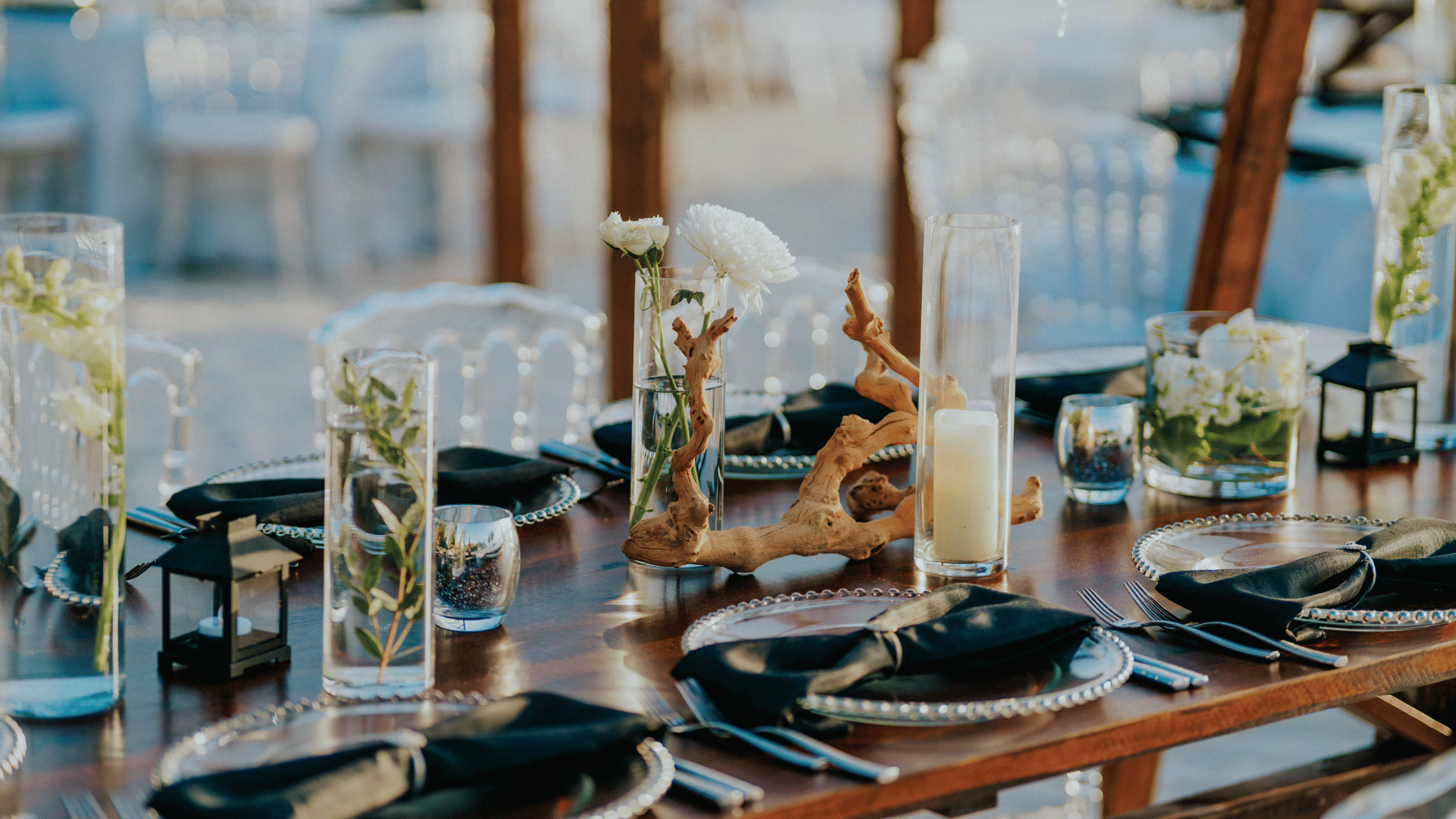 Beachy table setting with driftwood and green stems, candles and black napkins on silver charger plates