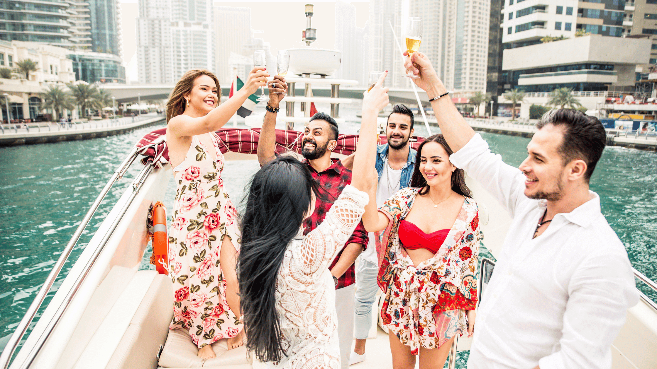 A group of people enjoying time on a yacht in Dubai