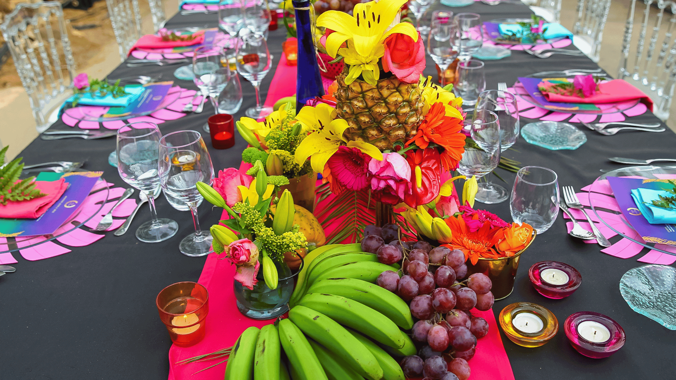 FEstive and fruity tablescape with bright colors and fruits