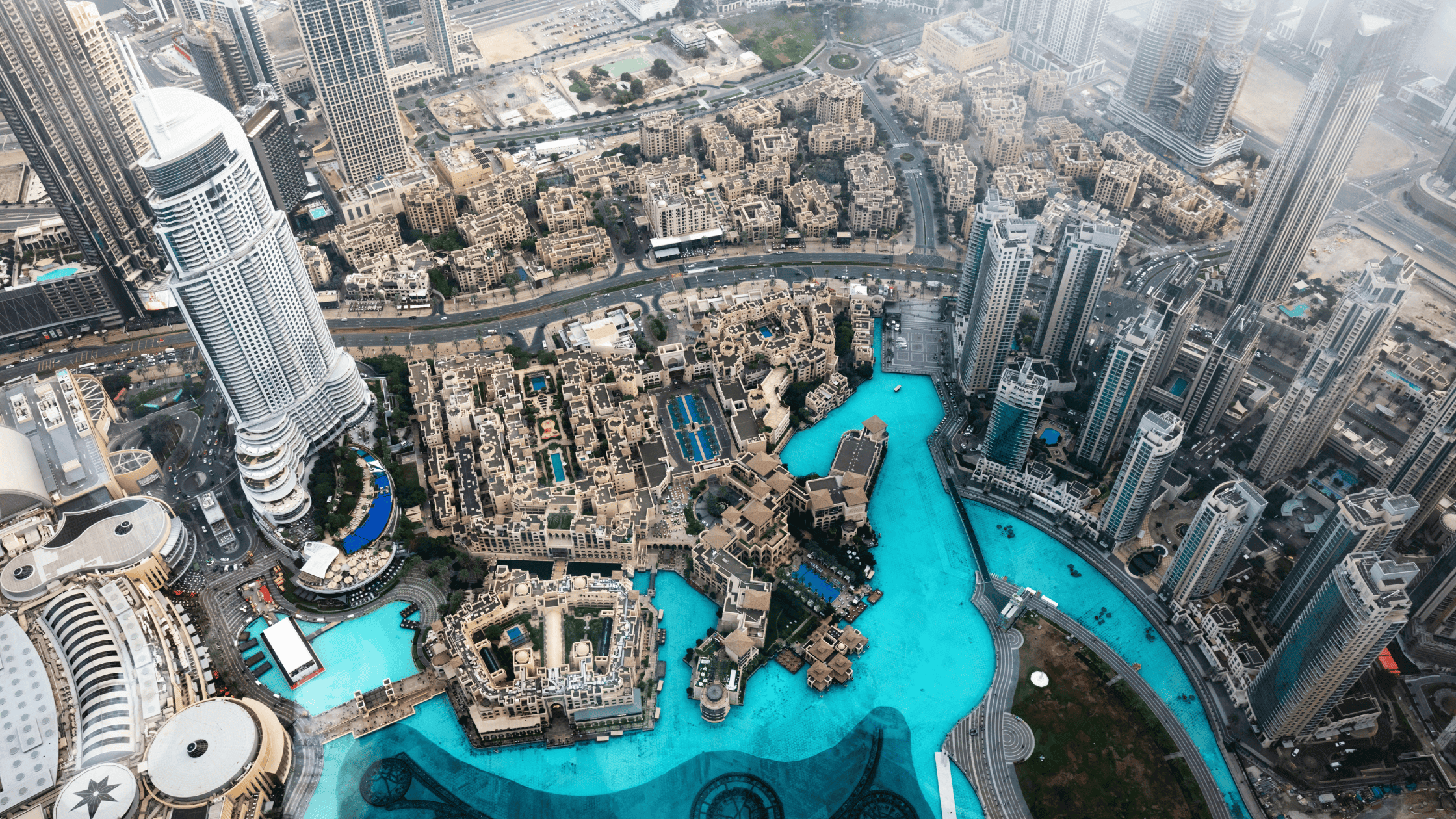 Top of Burj Khalifa with below city views of Dubai